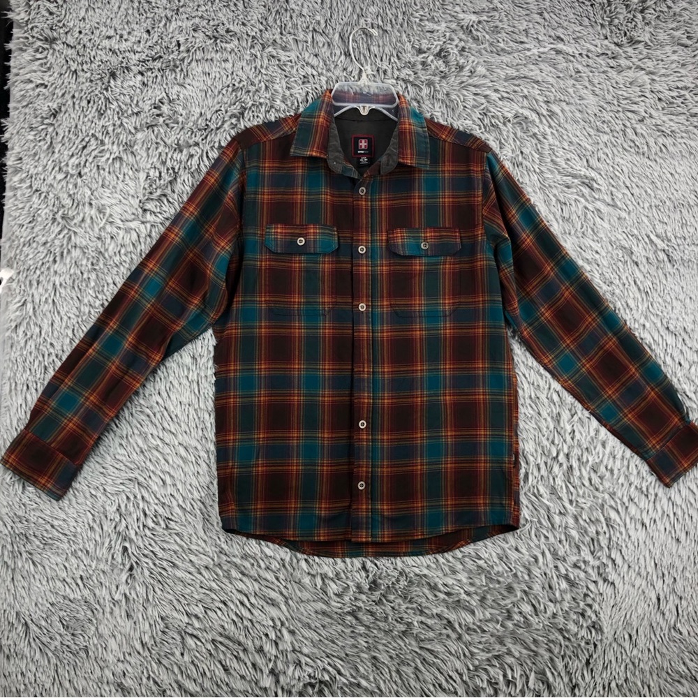 Swiss Tech Shirt Mens Small Plaid Button Up Long Sleeve